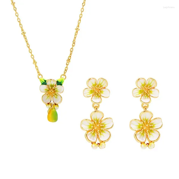 Ensemble de boucles d'oreilles et collier pour femmes, Simple et élégant, glaçure en émail, fleur, Fruit, pendentif, boucles d'oreilles, mode féminine, accessoires, cadeau