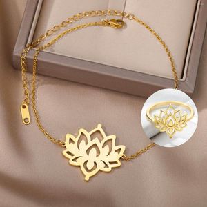 Collier Boucles D'oreilles Ensemble Simple Lotus Anneau Bracelet Pour Femmes Fleur Creuse Minimaliste En Acier Inoxydable Mariage Anniversaire Bijoux Festival Cadeau