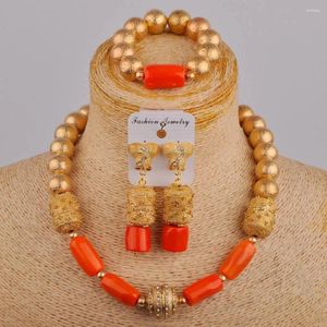 Ensemble de boucles d'oreilles et collier pour mariage nigérian, Simple, Orange, corail naturel, perles africaines, bijoux de mariée, AU-731