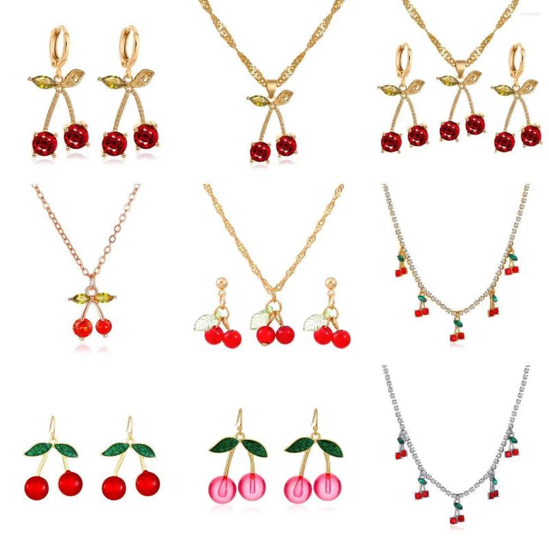 Necklace Earrings Set Simple Sweet Red Stereo Cherry Zircon Pendant Rhinestone Tennis Bracelet For Women Jewelry Gift