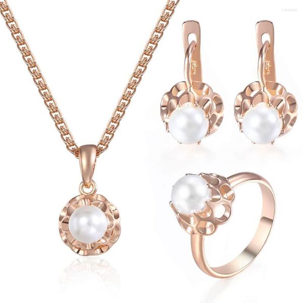 Collier boucles d'oreilles ensemble simulé perle perle boule boucle d'oreille anneau pendentif pour les femmes 585 couleur or Rose GE142A