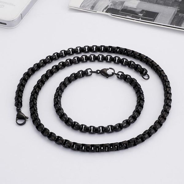 Ensemble de collier et boucles d'oreilles en acier inoxydable noir, taille 3mm/ 4mm, boîte carrée à la mode, chaîne Rolo, Bracelet pour femmes et garçons, bijoux pour hommes