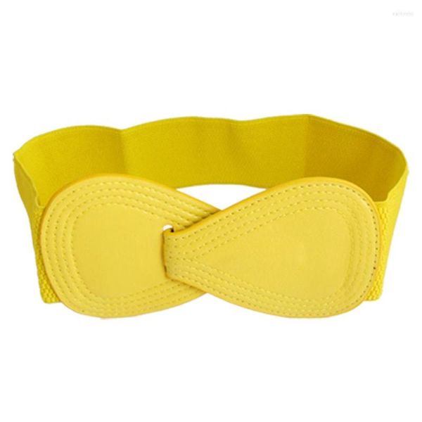 Juego de collar y aretes SODIAL(R) Cinturon elastico con hebilla de cuero sintetico en forma de 8 amarillo para dama