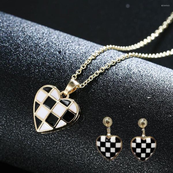 Collier boucles d'oreilles ensemble SOGU arrivée rétro belle couleur or coeur noir et blanc Plaid pour tendance femmes accessoires de fête privée