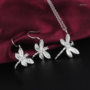 Ketting oorbellen set speciaal aanbieding mode feest bruiloft sieraden 925 stempel zilveren kleur kristallen libel hanger voor vrouwen