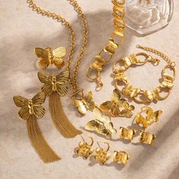 Ensemble de collier et boucles d'oreilles en acier inoxydable, or 18 carats, série papillon, plaqué dubaï, chaîne et bague pour femmes, 2024