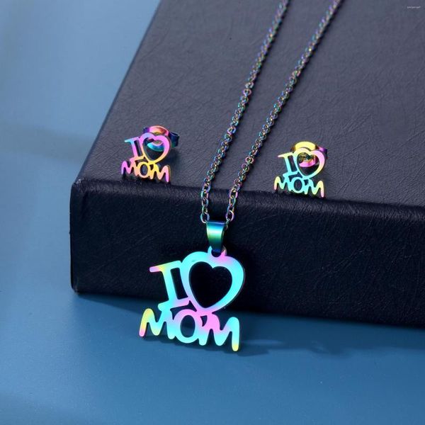 Conjunto de pendientes de collar de acero inoxidable colorido I Love MOM carta corazón hija figura joyería regalo del Día de la madre