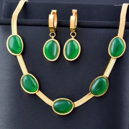 Ensemble collier et boucles d'oreilles en acier inoxydable, vert émeraude, pierre centrale, Bracelet, bijoux incolores pour femmes
