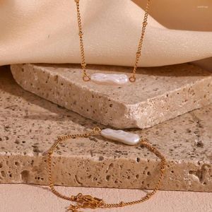 Ketting Oorbellen Set Roestvrij Staal Mode Barokke Natuurlijke Parel Hanger Armband Eenvoudige Gouden Textuur Waterdichte Sieraden Gift