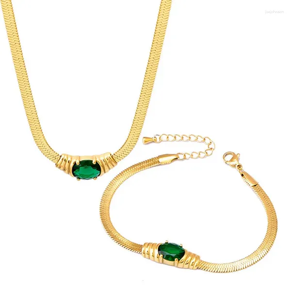 Conjunto de collar y pendientes de acero inoxidable, colgante de circón con garra de serpiente plana, cadena de hueso con cierre que no se decolora, pulsera blanca y verde a la moda