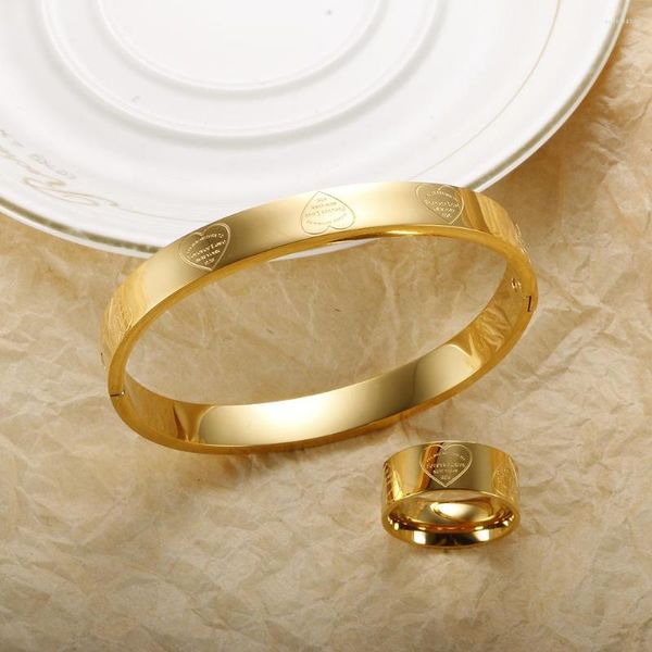 Conjunto de brincos de colar de aço inoxidável banhado a ouro em forma de coração pulseiras para sempre amor anel para mulheres menina amante jóias