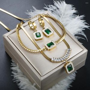 Ensemble de collier et boucles d'oreilles en acier inoxydable pour femmes, bijoux de luxe, Vintage, carré, vert, Zircon cristal, pendentif, vente en gros