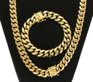 Ketting oorbellen set roestvrij staal miami cuban ketting armbandjongen mannen mode draken slot clasp hiphop sieraden 8 mm/10 mm/12 mm/14 mmearri