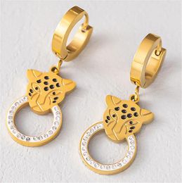 Ensemble de boucles d'oreilles et collier en acier inoxydable pour femmes, Micro incrusté de Zircon, tête de léopard, Bracelet, bijoux à la mode