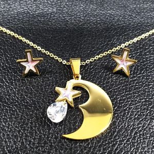 Collier boucles d'oreilles ensemble étoile et lune en acier inoxydable femmes bijoux émail couleur or bijoux fantaisie Joyas S178257