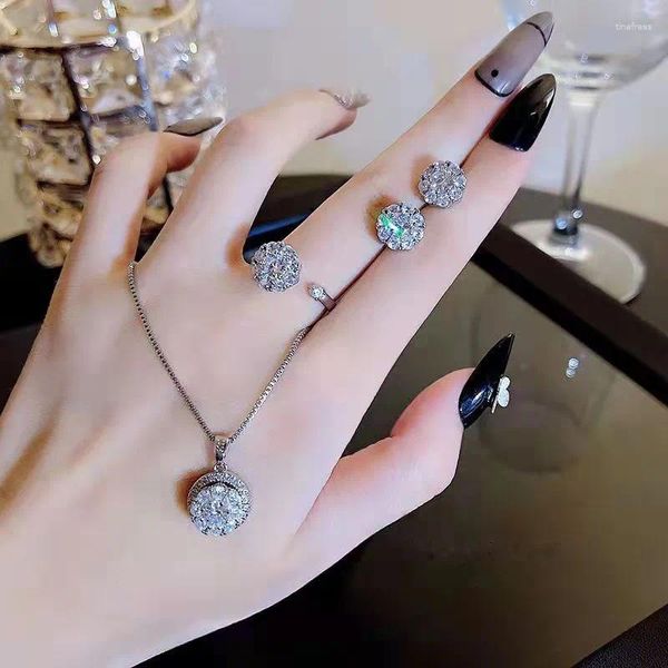 Conjunto de collar y pendientes de plata de ley 925, anillo giratorio para mujer, cadena de clavícula de tres piezas con circonita, regalo de boda