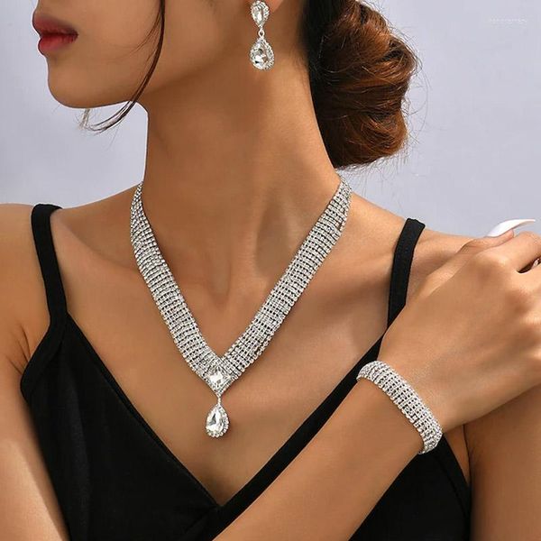 Collier boucles d'oreilles ensemble Stonefans mode multi rangées strass chaîne Bracelet larme cristal mariée bijoux de mariage