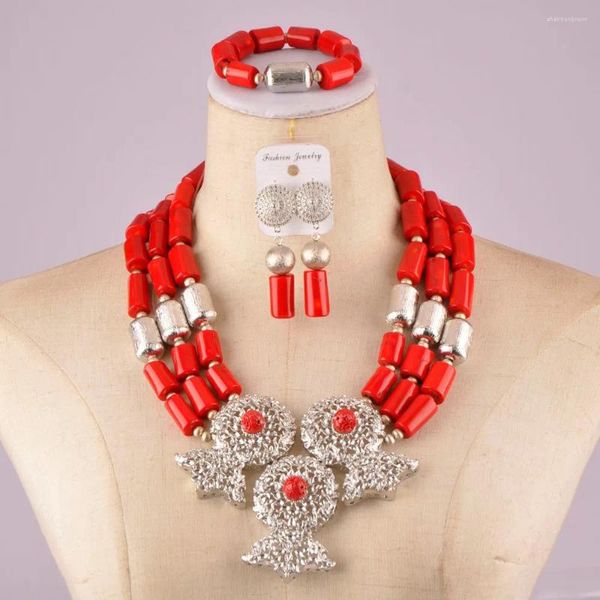 Ensemble collier et boucles d'oreilles, Costume rouge élégant, corail Afiran, perles de mariage nigérianes, bijoux C21-24-06