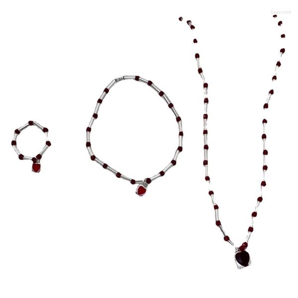 Ensemble de boucles d'oreilles et collier, Bracelet élégant en perles de cœur rouge, bagues en bambou, bijoux de collier