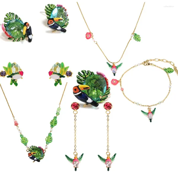 Ensemble collier et boucles d'oreilles pour femmes, bijoux d'été en forme de forêt tropicale, feuilles d'oiseaux, tendance 2024