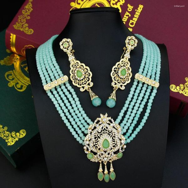 Sunspicems – ensemble de boucles d'oreilles et collier pour femmes, bijoux en perles de main arabes, pendentif en cristal vert, perle d'imitation marocaine, longue boucle d'oreille