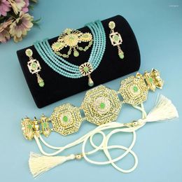 Ensemble collier et boucles d'oreilles Sunspicems, bijoux de mariée marocains chics, Caftan arabe, ceinture en corde, perle ras du cou, broche en cristal, boucle d'oreille carrée