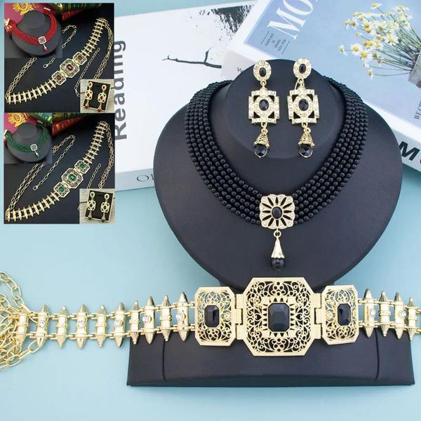 Conjunto de collar y pendientes Sunspicems, joyería de novia marroquí, caftán, cadena de cintura, cinturón, gargantilla de cuentas de mano, pendiente cuadrado, boda árabe