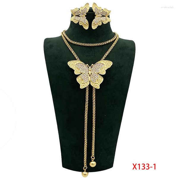 Ensemble collier et boucles d'oreilles pour femmes, chaîne de pull, longue boucle d'oreille, papillon élégant, bijoux italiens plaqués or, longueur réglable