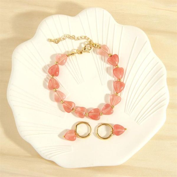 Pendientes de collar Set dulce de corazón lindo brazalete de piedra natural moda coreana amor rosa colgante joya para mujeres joyas al por mayor