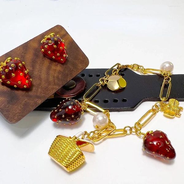 Conjunto de collar y pendientes, joyería dulce, planta Pastoral, resina roja, Perla de fresa, cesta pequeña, pulsera, adorno femenino