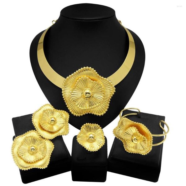 Halskette Ohrringe Set SYHOL Brasilianisches Gold Stil Frau Anhänger Schmuck 24 Karat Überzogener Glänzender Kragen Blumenform Armband Partybevorzugung