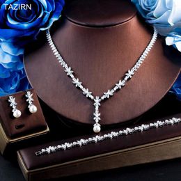 Ketting oorbellen set tazirn 3pcs mode parels kubieke zirconia bruiloft sieraden voor vrouwen cz armbanden en sets bruidscadeaus