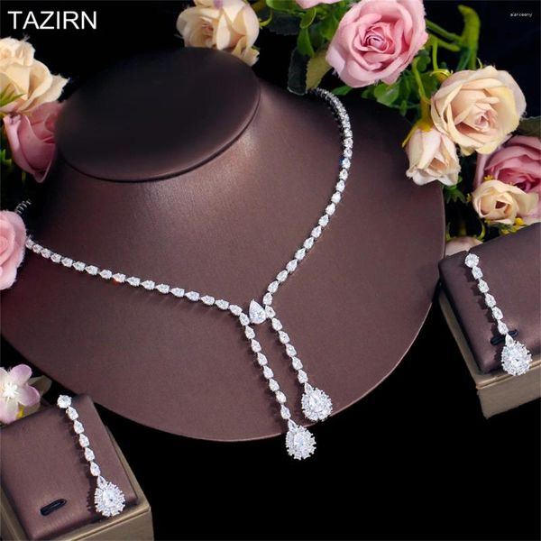 Collier boucles d'oreilles ensemble TAZIRN cubique Zircon goutte d'eau lumière luxe boucle d'oreille 2 pièces pour les femmes de mariage fête de mariée robe de bal bijoux cadeau