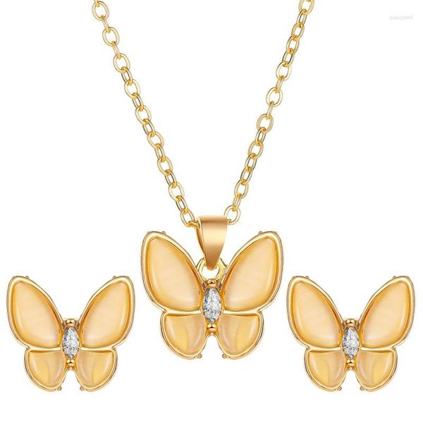 Conjunto de collar y pendientes, colgante de mariposa brillante con temperamento, joyería para mujeres y niñas, Color dorado champán, regalo diario para fiesta de boda