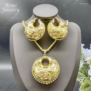 Ketting oorbellen set textuur dubai 24k gouden vergulde sieraden koper vetgedrukte hanger met ketting drop earring vrouwen bruids feest bruiloft geschenken