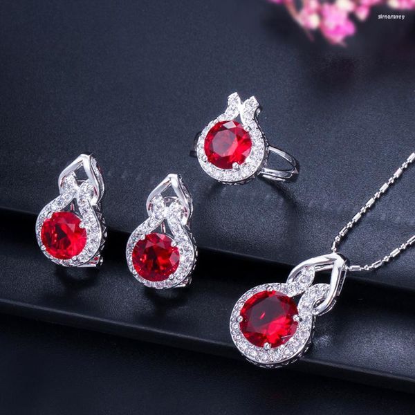 Collier boucles d'oreilles ensemble ThreeGraces mode rouge cubique zircone pierre petit goujon anneau collier pour les femmes Chic quotidien robe de bal bijoux JS580