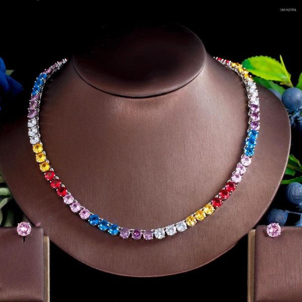 Conjunto de pendientes de collar ThreeGraces Zirconia cúbica multicolor Gargantilla de tenis CZ redonda y joyería de fiesta nupcial para mujeres TZ907