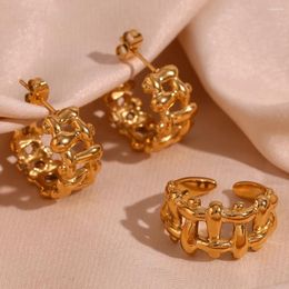 Ensemble de boucles d'oreilles et collier en titane et acier inoxydable pour femmes, bijoux tressés dorés ajourés, bijoux de fête de déclaration