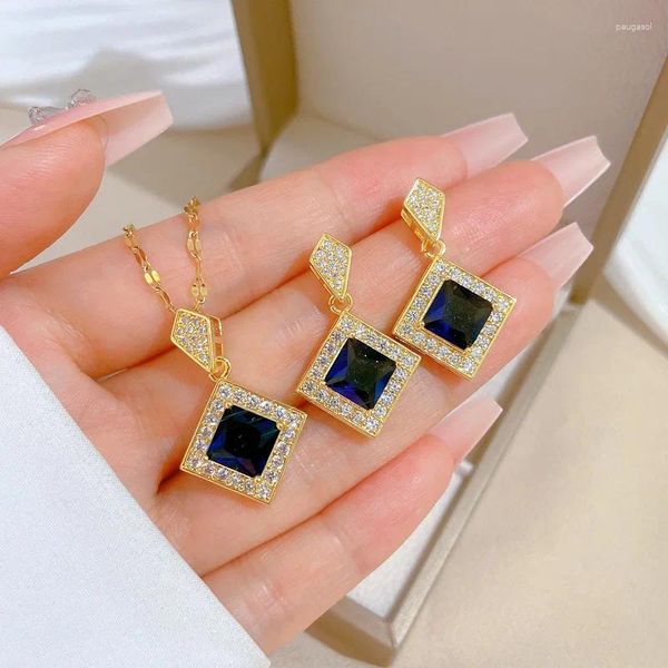 Collar Pendientes Conjunto Titanio Acero Azul Cristal Piedra Boda Para Novias Color Dorado Mujer Africano Más