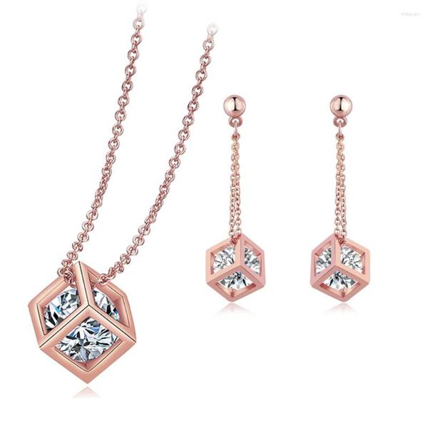 Conjunto de aretes de collar de calidad superior ZYS058 Crystal Cube Drop Rose Gold Color Jewelry Hecho con cristales austriacos
