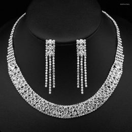 Ketting oorbellen Set Traps Silver Color Rhinestones Crystal Wedding Accessories For Women Choker Bridal Jewelry
