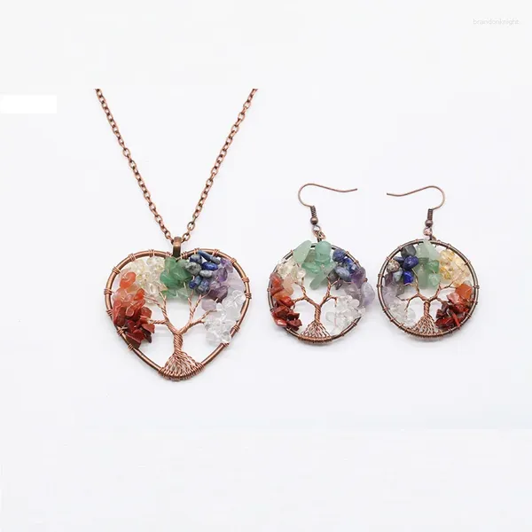 Ensemble de boucles d'oreilles et collier arbre de vie, couleur argent, cristal naturel, perles en pierre précieuse, 7 chakras, fil enveloppé, bijoux pour femmes GS010