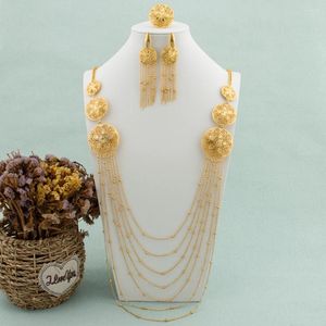 Ketting oorbellen set trend 18k gouden kleur sieraden voor vrouwen Dubai African Long Chain Tassels Ring Fashion Wedding Bride