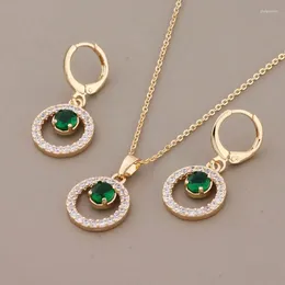 Комплект ожерелья и серег, тренд 2023, золотой цвет, милые круглые наборы для женщин, аксессуары с зеленым цирконом, повседневный подарок для девочек