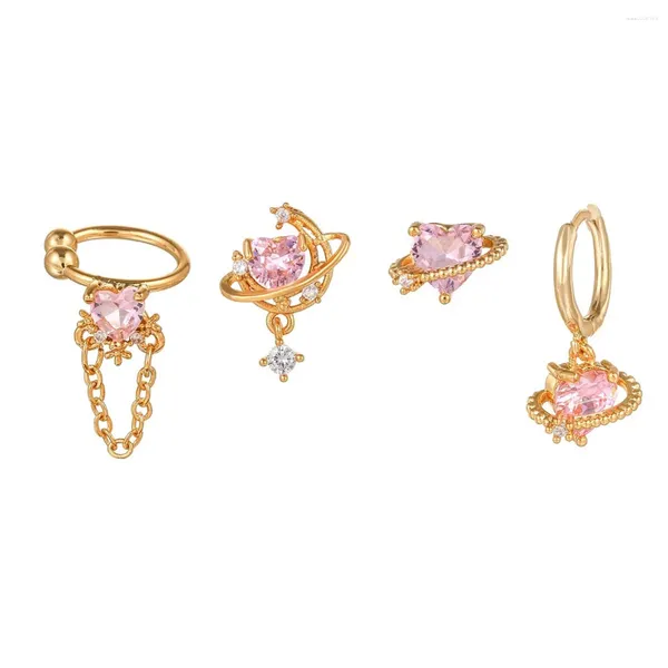 Collier Boucles d'oreilles Set Trend Copper Pink Zircon Heart Stud 4pcs Birthday Party Creative Jewelry Women's Elegant déclaration