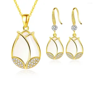 Collier boucles d'oreilles ensemble à la mode 925 bijoux en argent sterling pour les femmes fleur opale CZ pierre pendentifs à breloque colliers amour cadeau d'anniversaire