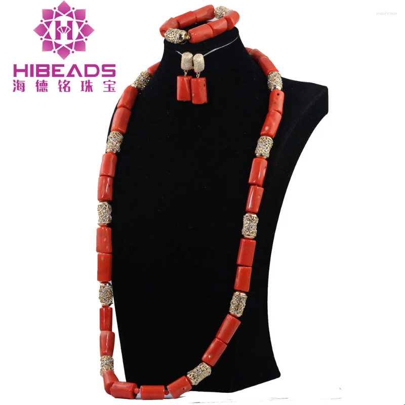 Ensemble de boucles d'oreilles et collier pour hommes, bijoux africains tendance, 40 pouces, grandes perles de corail véritables, mode de mariée, GroomABH409