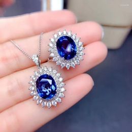 Ketting Oorbellen Set Trendy Blauwe Kristallen Ring Sieraden Bruiloft Zilver Kleur Ovaal Groothandel Voor Vrouwen Gift Drop