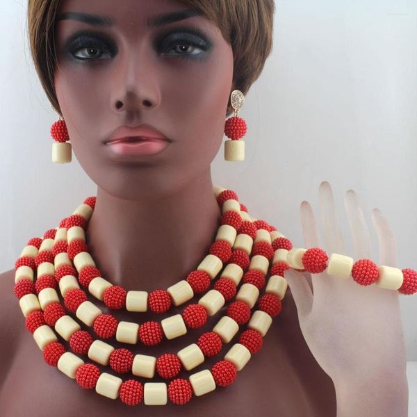 Collier Boucles D'oreilles Ensemble Design À La Mode Blanc En Plastique Perle Boule Colliers Femmes Bijoux Mariage Nigérian Perles De Corail Rouge Navire Libre W13732