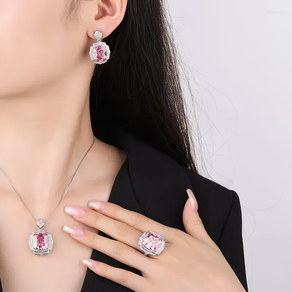 Conjunto de collar y pendientes para mujer, anillo con colgante de circonia rosa esmeralda, joyería nupcial de lujo, regalo de aniversario